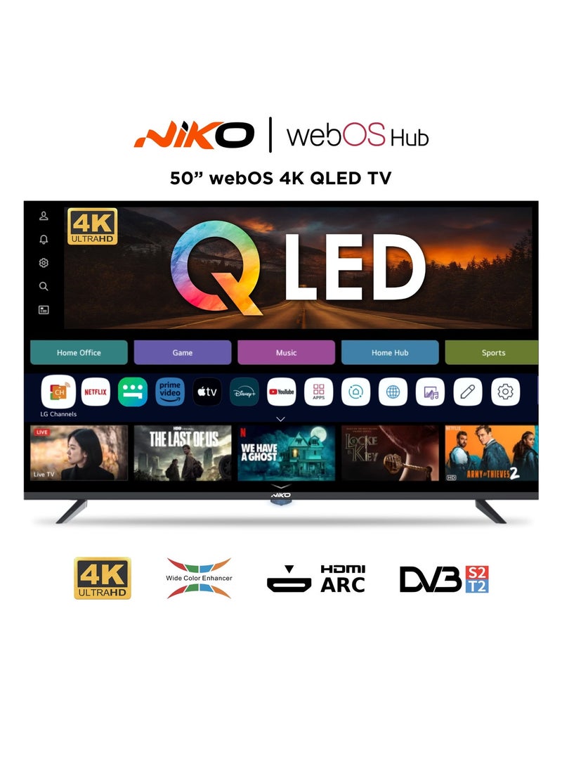 Niko 50 Inch 4K QLED Smart TV, WebOS Hub, UHD HDR Display with Built-in Receiver, WiFi, Bluetooth, 3x HDMI (eARC) & Wall Bracket Included - Model 50NSSX - Black - Image 1